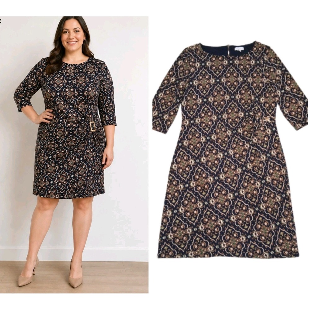 Charter Club Women Midi Dress XL Navy Blue Tan Damask Stretch Sheath Side Ruched